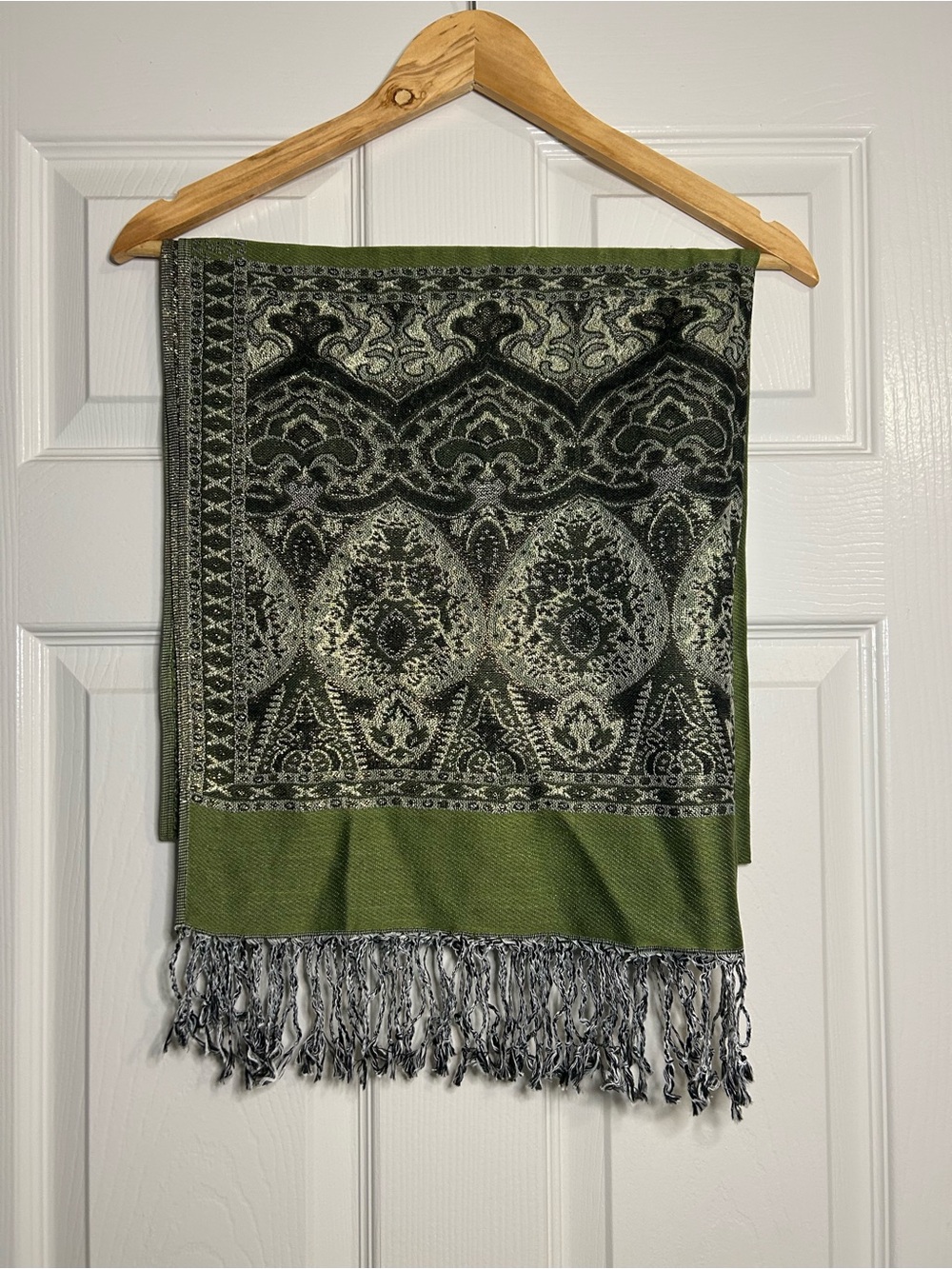 Pashmina Olive Green Paisley Jacquard Fringe Shawl Wrap Scarf - Picture 3 of 9